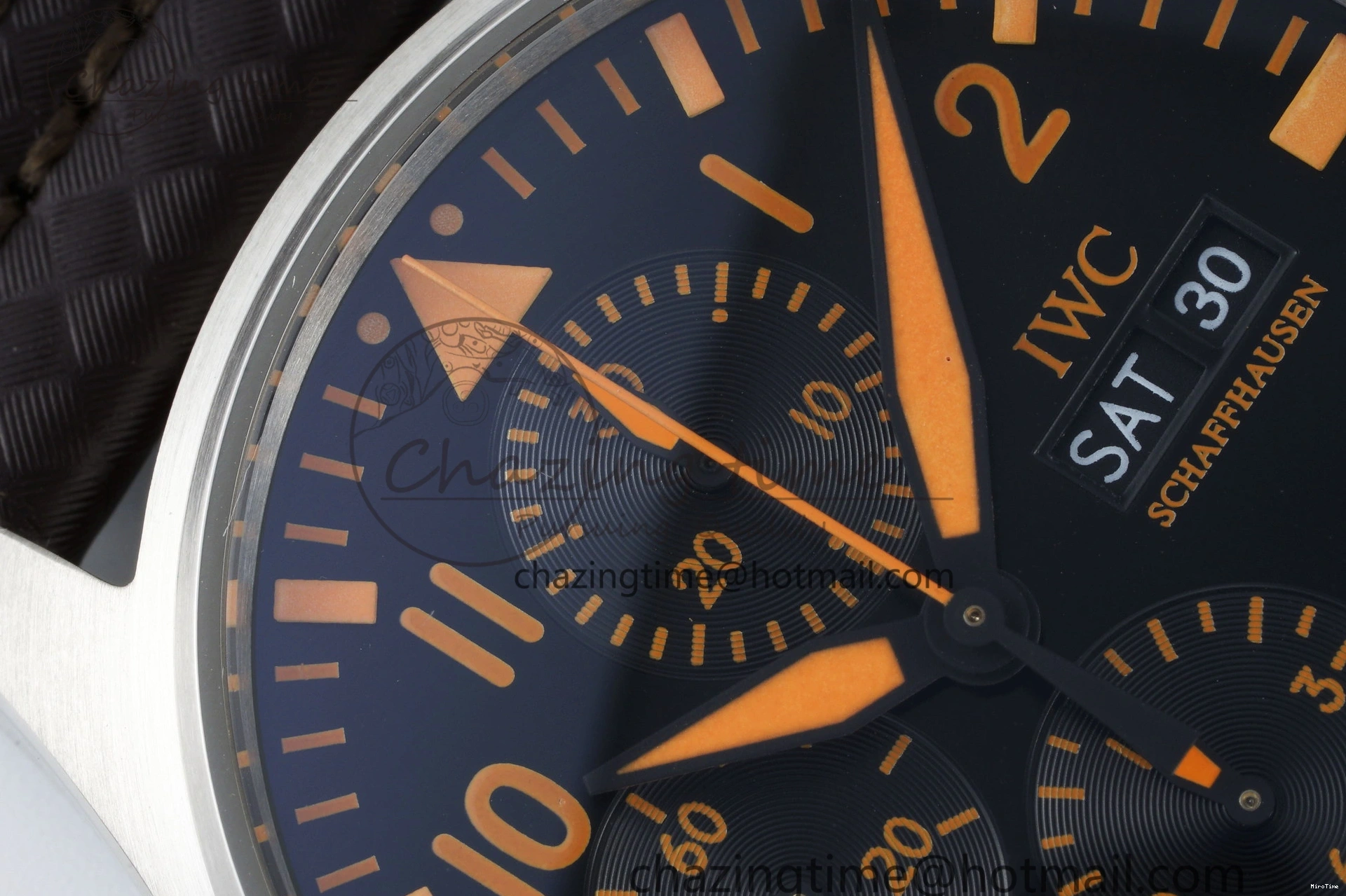 MIROTIME 0126 Pilot Chrono SS AZF 1:1 Best Edition Black Dial Orange Markers on Brown Leather Strap A EasyCare 7065